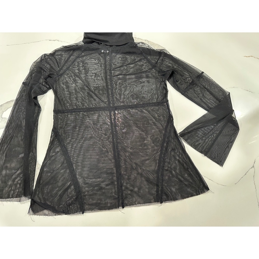 Bebe Black Sheer Mesh Mock Neck Top Long Bell‎ Sleeve Y2K Seam Detail Large